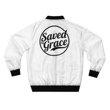 Load image into Gallery viewer, GOD 1st Unisex “Saved by Grace” Bomber Jacket (Og) White