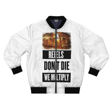 Load image into Gallery viewer, GOD 1st Unisex “Rebels Don’t Die, King James” Bomber Jacket (W&B) og