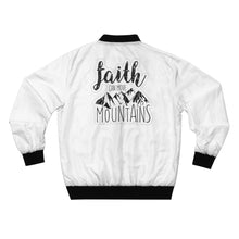 Load image into Gallery viewer, GOD 1st Unisex “Faith Can Move Mountains” Bomber Jacket (Og) White