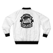 Load image into Gallery viewer, GOD 1st Unisex “Walk by Faith” Bomber Jacket (Og) White
