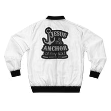 Load image into Gallery viewer, GOD 1st Unisex “Jesus is my Anchor” Bomber Jacket (Og) White
