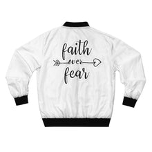 Load image into Gallery viewer, GOD 1st Unisex “Faith Over Fear” Bomber Jacket (Og) White
