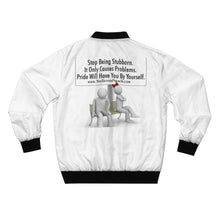Load image into Gallery viewer, GOD 1st Unisex “Stop Being Stubborn” Bomber Jacket (Og) White
