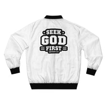 Load image into Gallery viewer, GOD 1st Unisex “Seek GOD First” Bomber Jacket (Og) White
