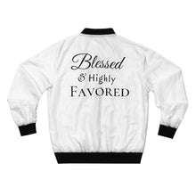Load image into Gallery viewer, GOD 1st Unisex “Blessed &amp; Highly FAVORED” Bomber Jacket (Og) White
